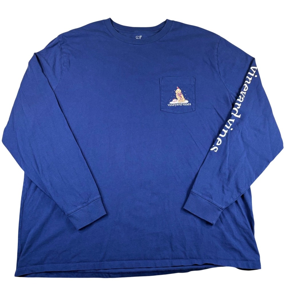 Vineyard Vines T-Shirt Happy Holidays Golden Mens XXL Blue Cotton Festive Preppy